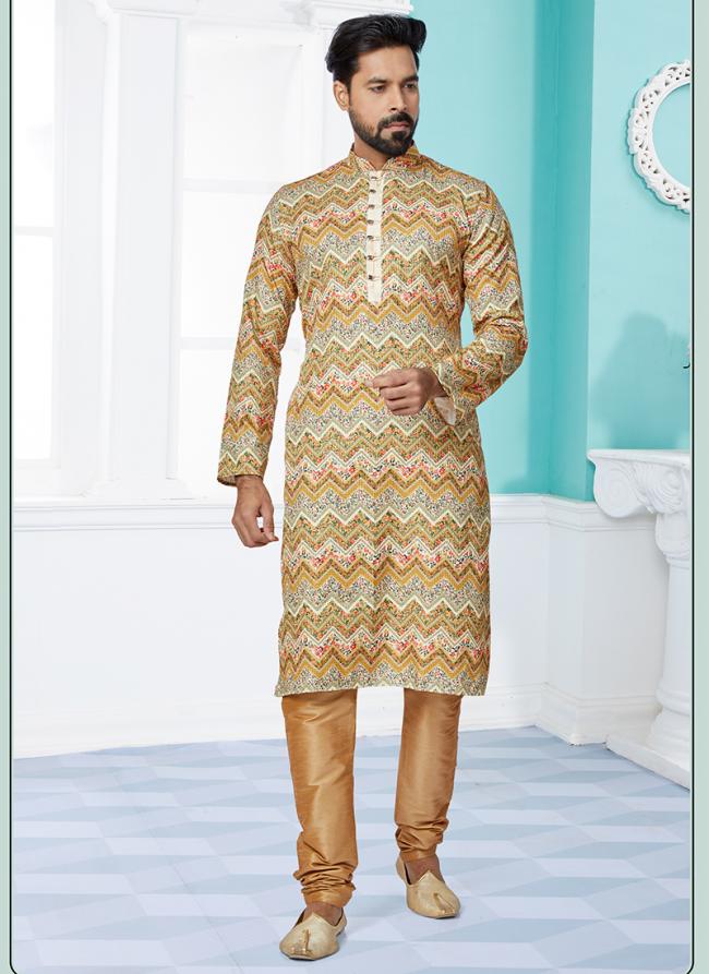 Dhupion Silk Yellow Festival Wear Printed Readymade Kurta Pajama